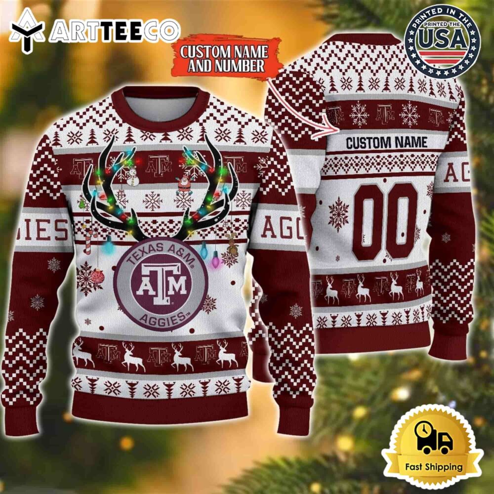 NCAA Texas A M Aggies Special Reindeer Light Custom Name And Number Ugly Christmas Sweater