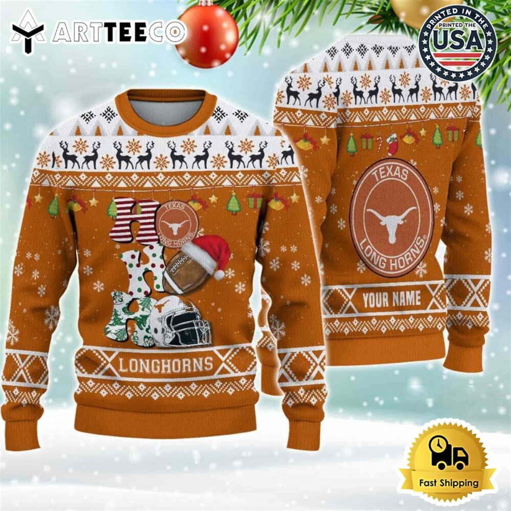 NCAA Texas Longhorns Football HO HO HO Custom Name Ugly Christmas Sweater