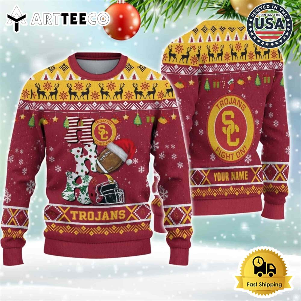 NCAA USC Trojans Football HO HO HO Custom Name Ugly Christmas Sweater