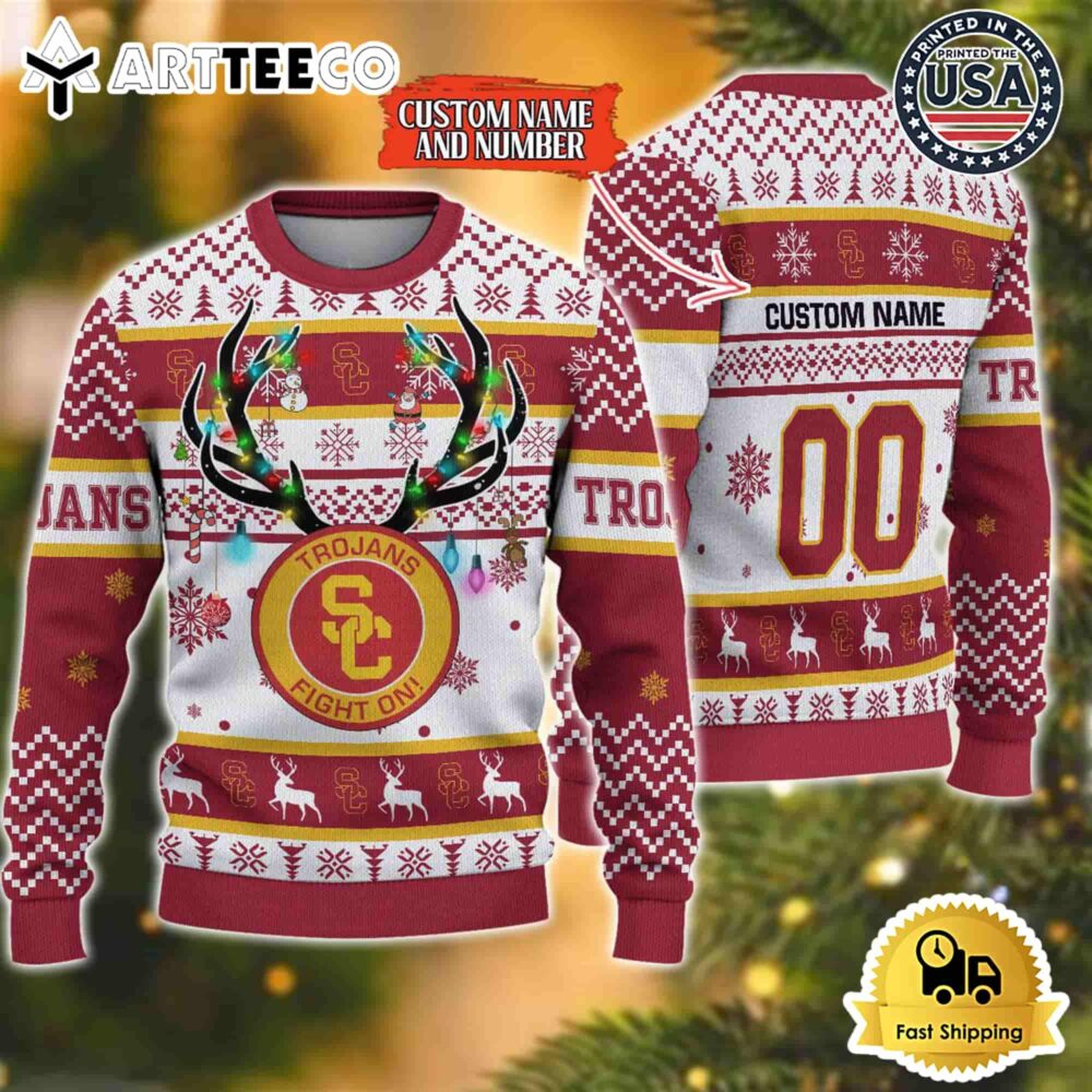 NCAA USC Trojans Special Reindeer Light Custom Name And Number Ugly Christmas Sweater