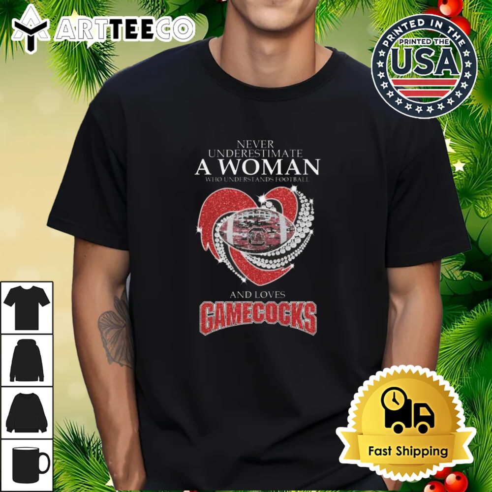 Never Underestimate A Woman Who Understands Football And Loves South Carolina Gamecocks Diamond Heart Retro T Shirt 1