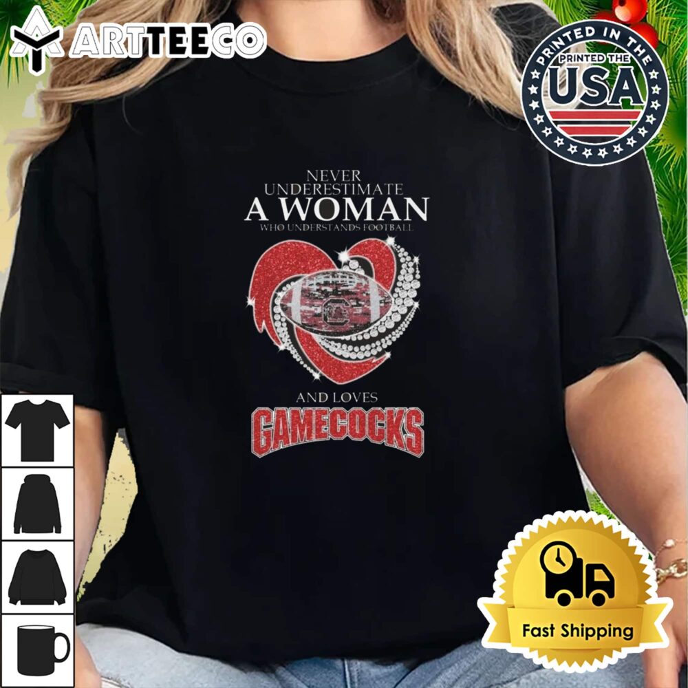 Never Underestimate A Woman Who Understands Football And Loves South Carolina Gamecocks Diamond Heart Retro T Shirt 2