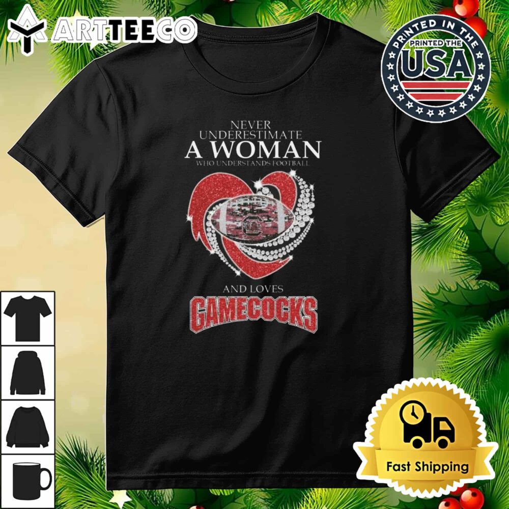 Never Underestimate A Woman Who Understands Football And Loves South Carolina Gamecocks Diamond Heart Retro T Shirt 3