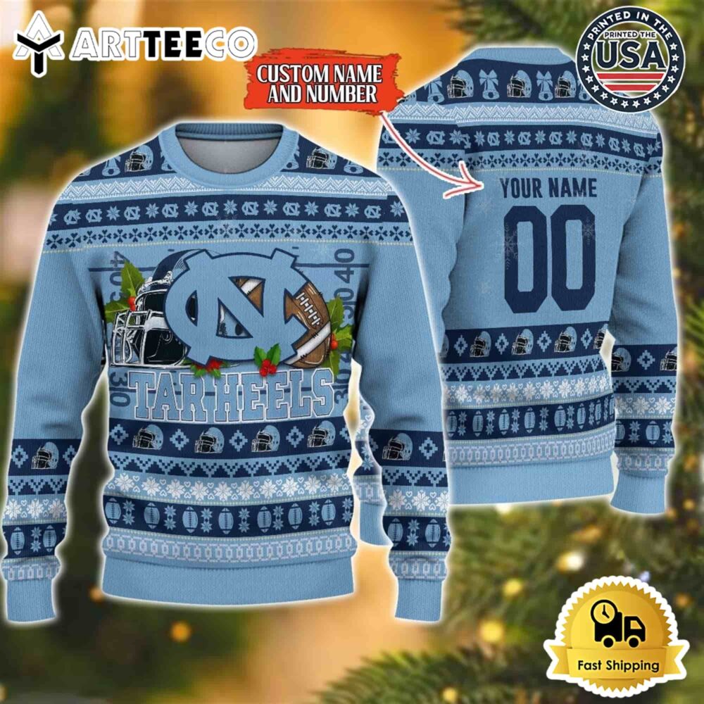 North Carolina Tar Heels Logo Team Football Custom Name And Number Christmas Ugly Sweater