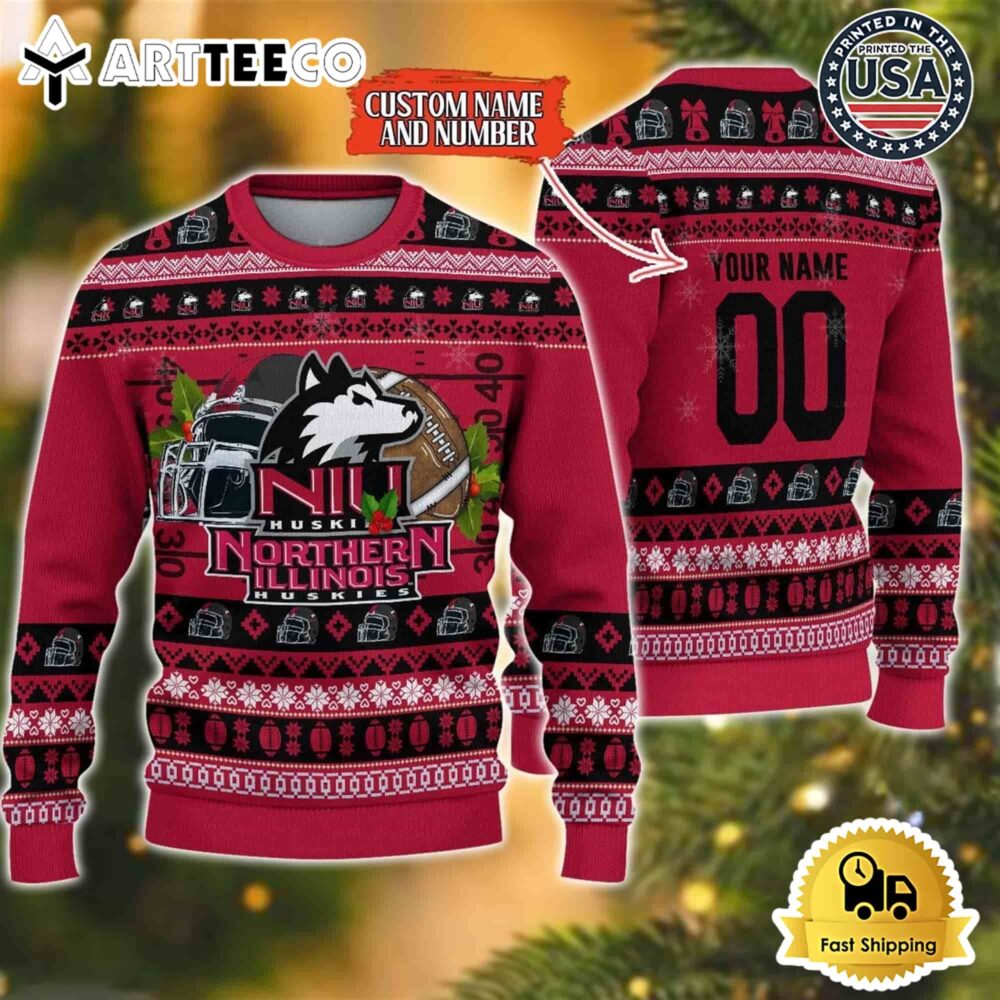 Northern Illinois Huskies Logo Team Football Custom Name And Number Christmas Ugly Sweater