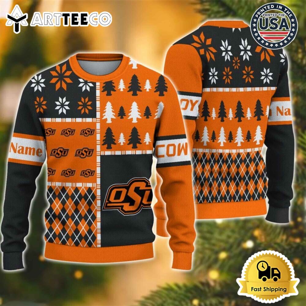 Oklahoma State Cowboys Football Team Xmas Tree Snow Custom Name Ugly Christmas Sweater NCAA Football Gifts