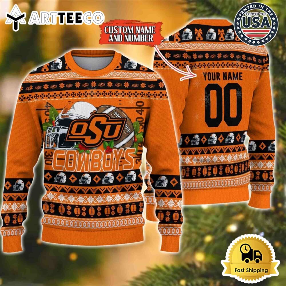 Oklahoma State Cowboys Logo Team Football Custom Name And Number Christmas Ugly Sweater