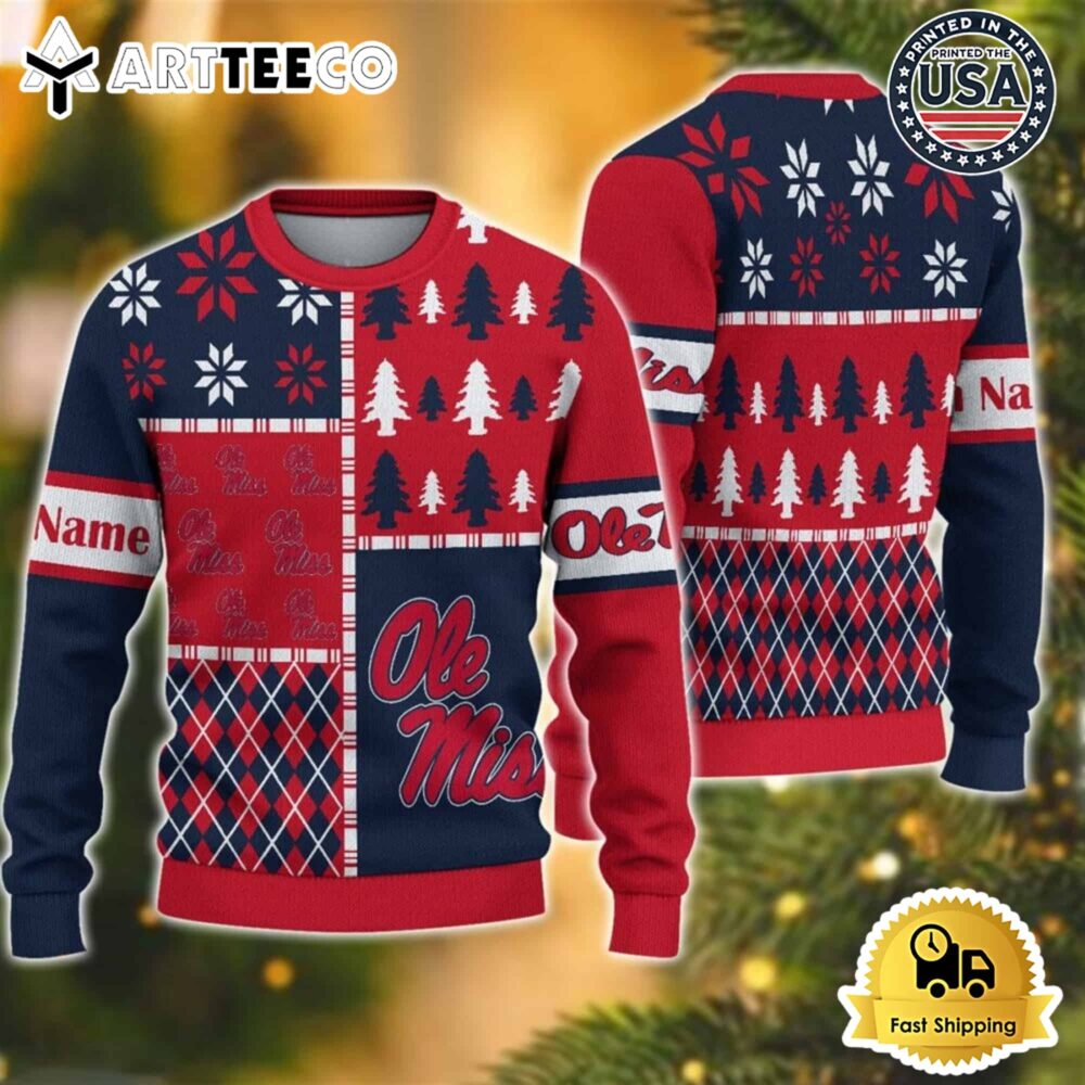 Ole Miss Rebels Football Team Xmas Tree Snow Custom Name Ugly Christmas Sweater NCAA Football Gifts