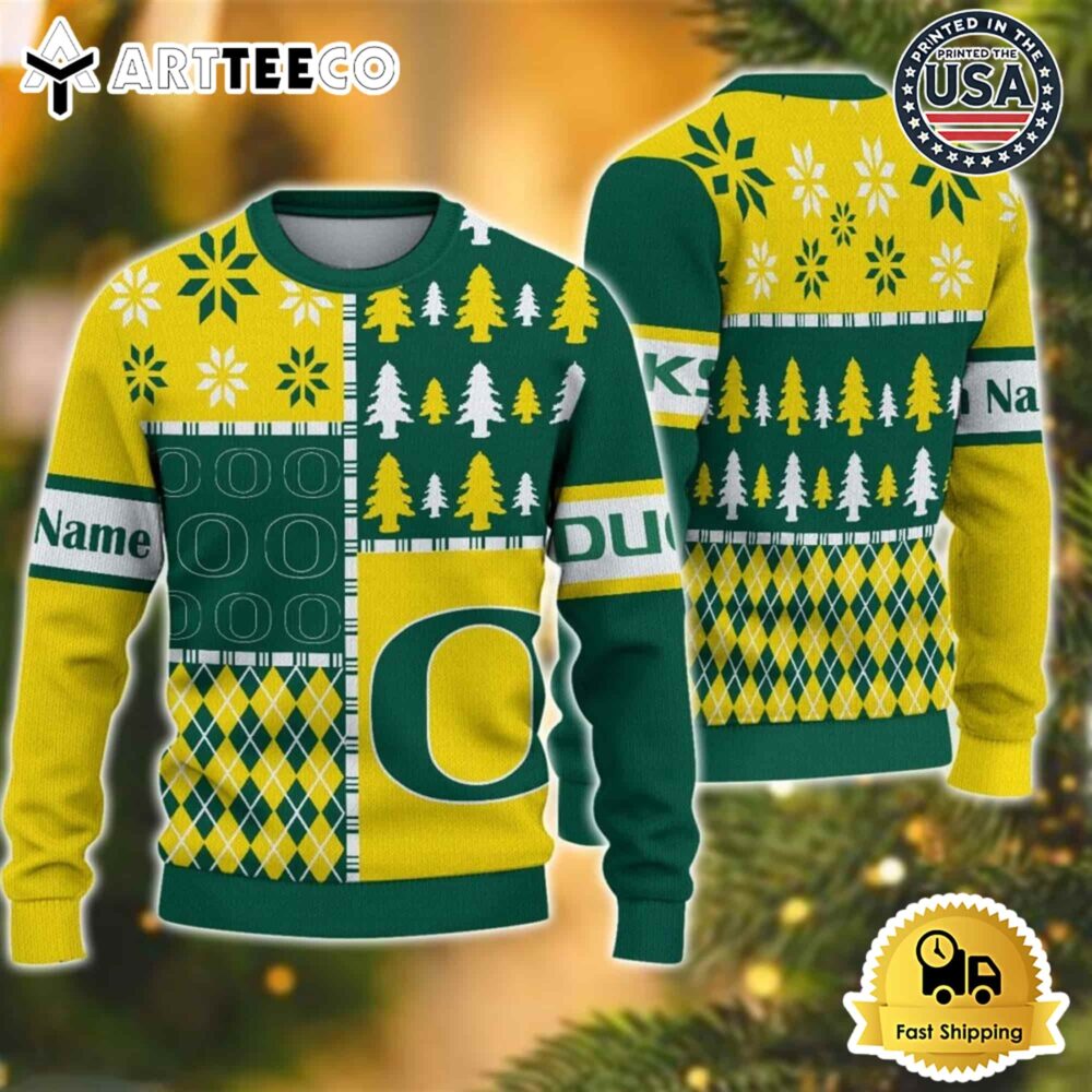 Oregon Ducks Football Team Xmas Tree Snow Custom Name Ugly Christmas Sweater NCAA Football Gifts