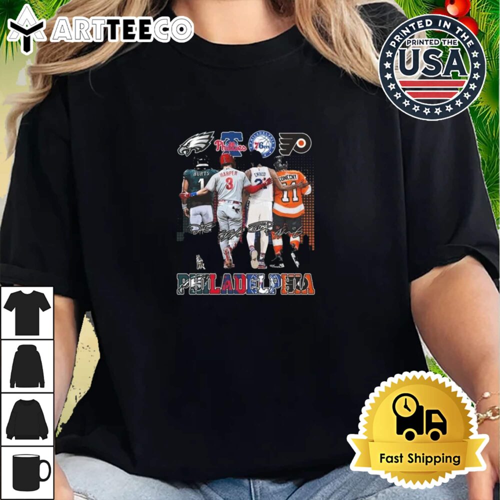 Philadelphia Team Philadelphia Eagles x Philadelphia Phillies x Philadelphia 76ers x Philadelphia Flyers Signatures Retro T Shirt 2