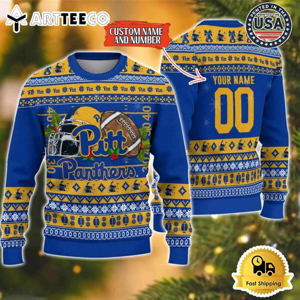 Pittsburgh Panthers Logo Team Football Custom Name And Number Christmas Ugly Sweater