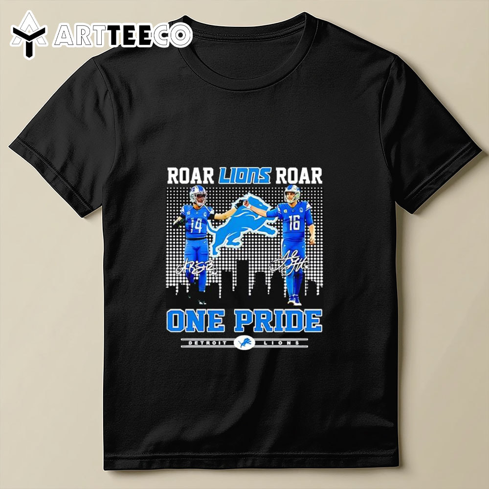 Roar Detroit Lions Roar One Pride St Brown And Jared Goff Skyline Signatures T Shirt