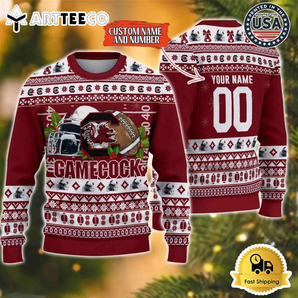 South Carolina Gamecocks Logo Team Football Custom Name And Number Christmas Ugly Sweater