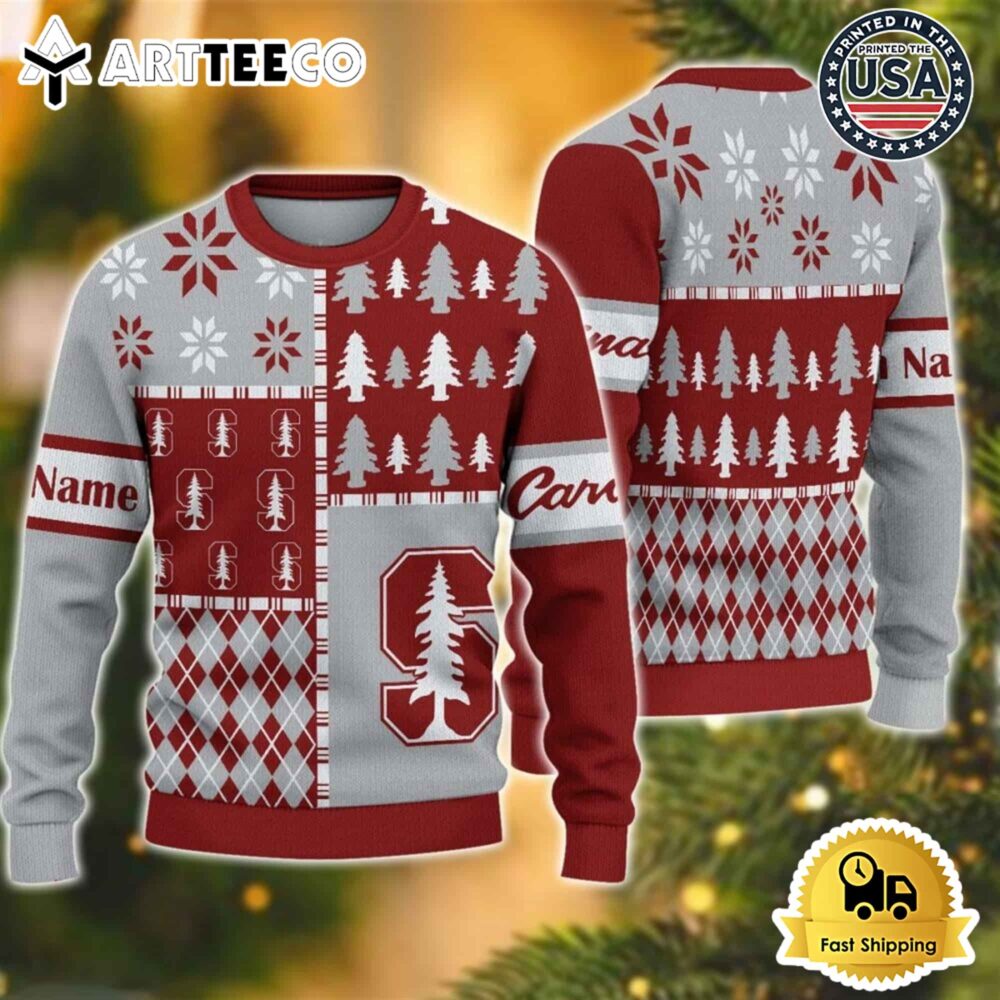 Stanford Cardinal Football Team Xmas Tree Snow Custom Name Ugly Christmas Sweater NCAA Football Gifts