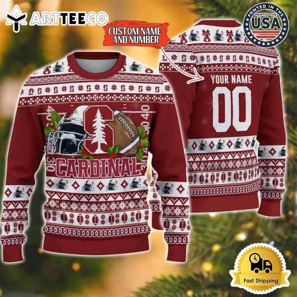 Stanford Cardinal Logo Team Football Custom Name And Number Christmas Ugly Sweater