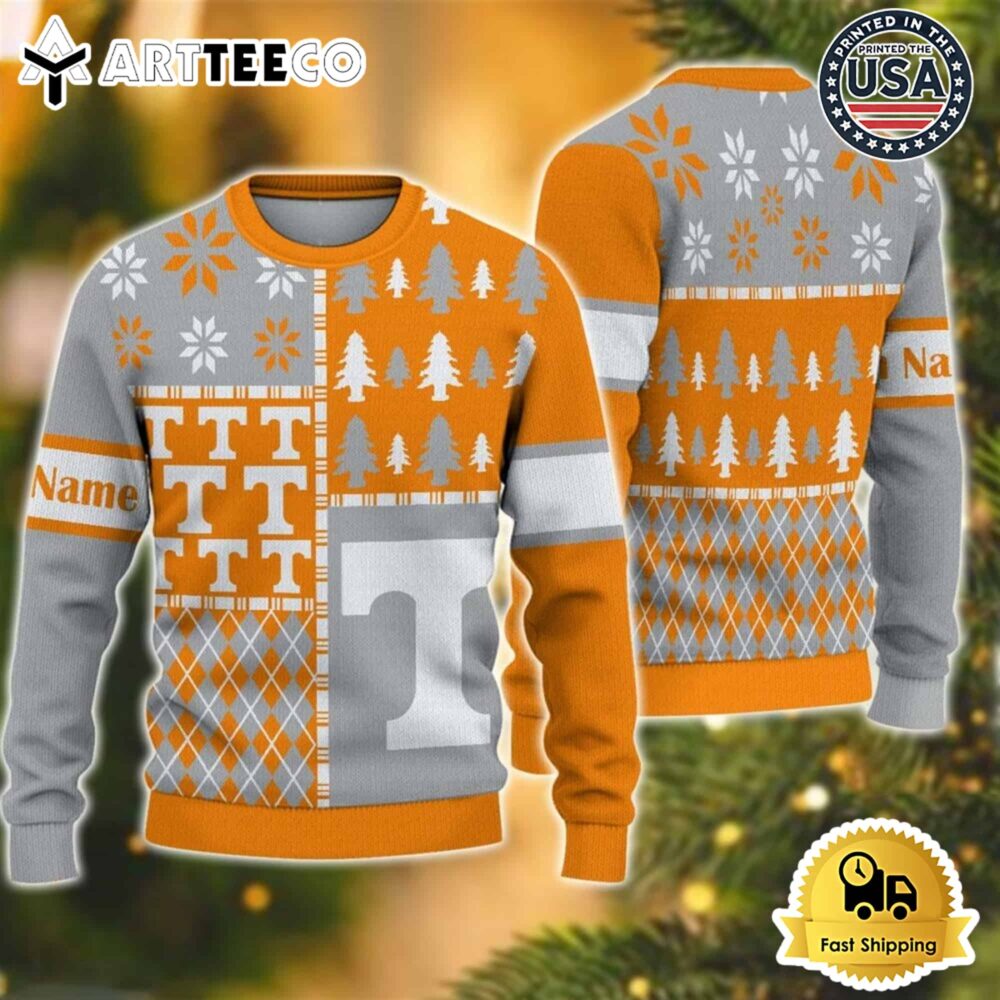 Tennessee Volunteers Football Team Xmas Tree Snow Custom Name Ugly Christmas Sweater NCAA Football Gifts