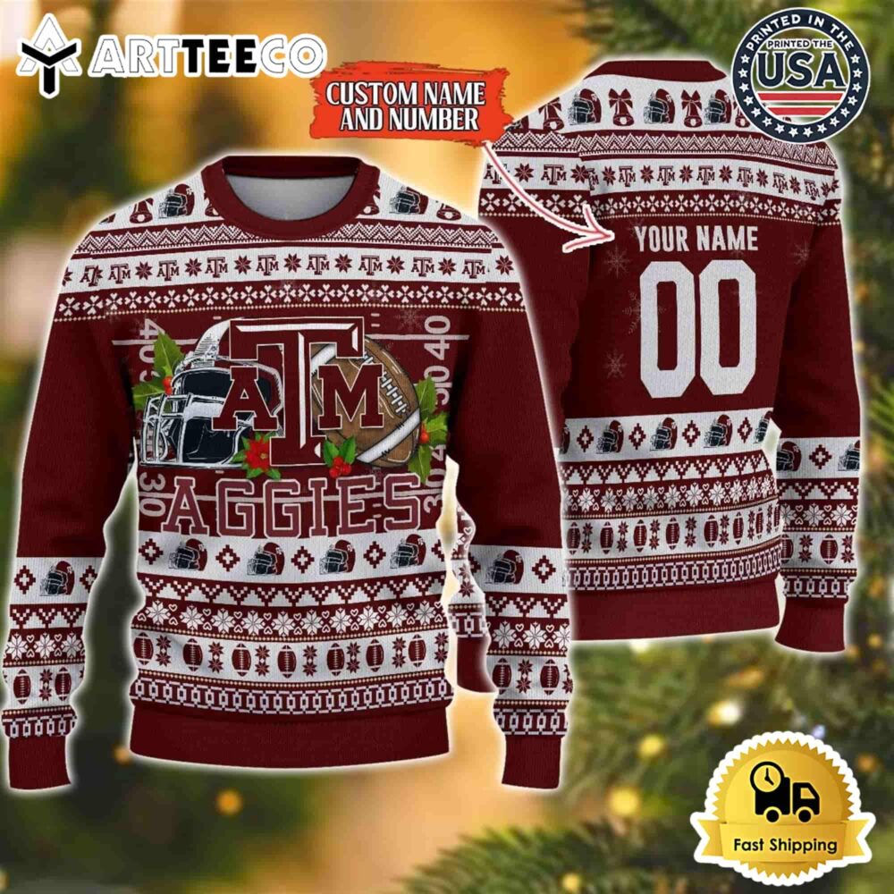 Texas AampM Aggies Logo Team Football Custom Name And Number Christmas Ugly Sweater