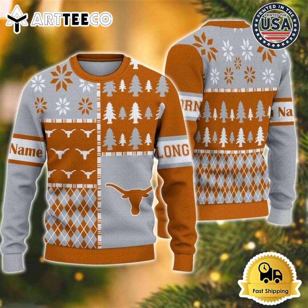 Texas Longhorns Football Team Xmas Tree Snow Custom Name Ugly Christmas Sweater NCAA Football Gifts