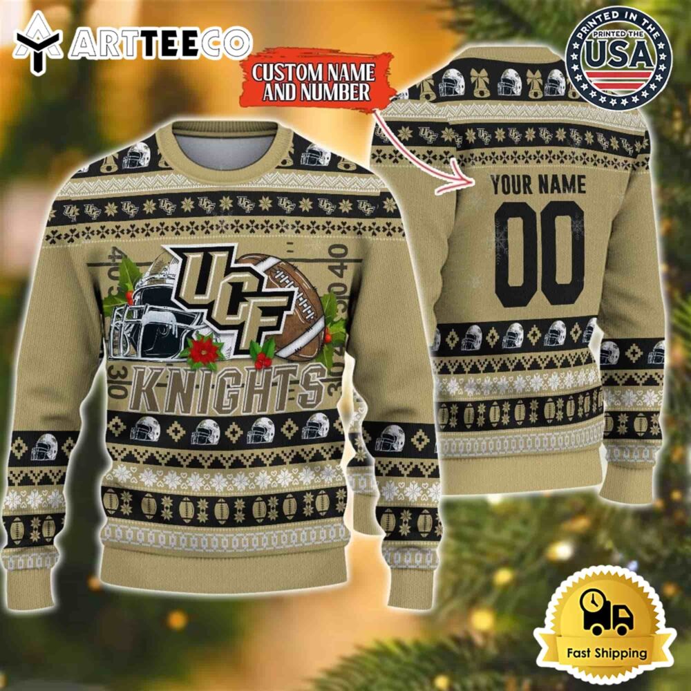 UCF Knights Logo Team Football Custom Name And Number Christmas Ugly Sweater