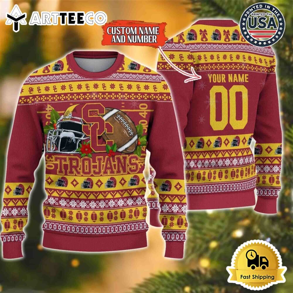 USC Trojans Logo Team Football Custom Name And Number Christmas Ugly Sweater