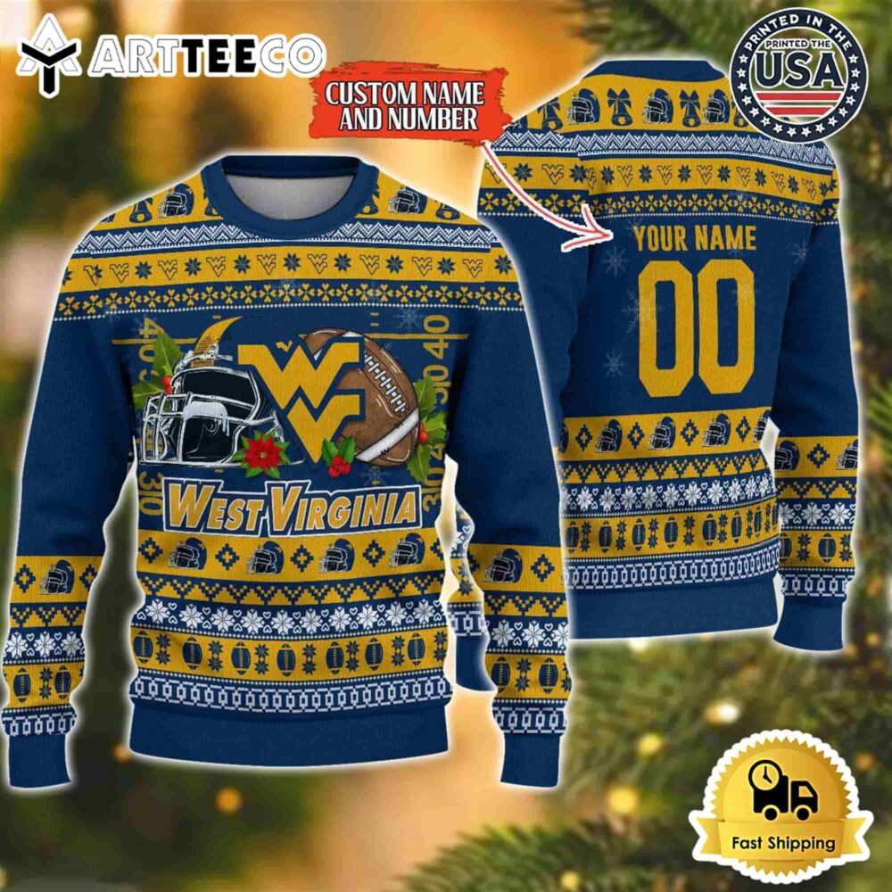 West Virginia Mountaineers Logo Team Football Custom Name And Number Christmas Ugly Sweater